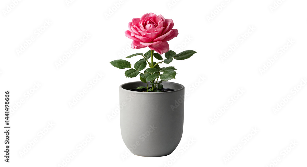 Single Elegant Pink Rose in a Minimalist Gray Pot Isolated on Transparent Background Single Elegant Pink Rose in a Minimalist Gray Pot Isolated on Transparent Background