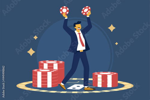A stylish businessman in a sharp suit celebrates a victory, joyfully holding a handful of poker chips.  He exudes confidence and success.