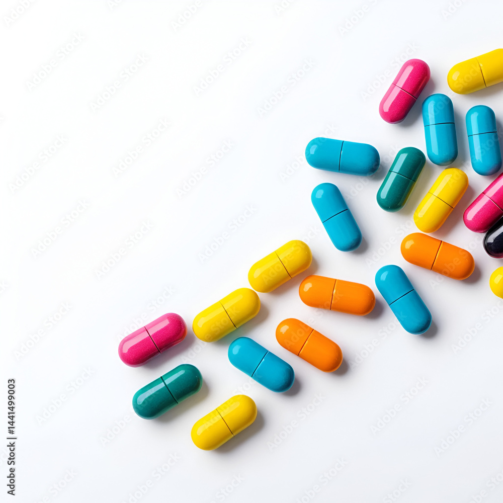 Colorful pills and medication on white background with copy space, health and medication concept Colorful pills and medication on white background with copy space, health and medication concept