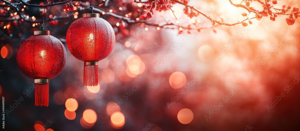 Obraz premium Winter Red Lanterns on Tree Branches