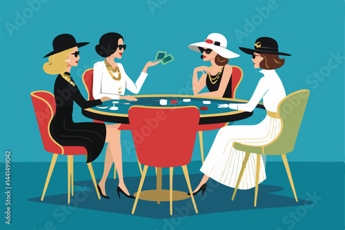 Create a bold vector illustration of stylish women intensely playing poker, subtly conveying a bluffing strategy.  Focus on confident expressions and elegant attire.