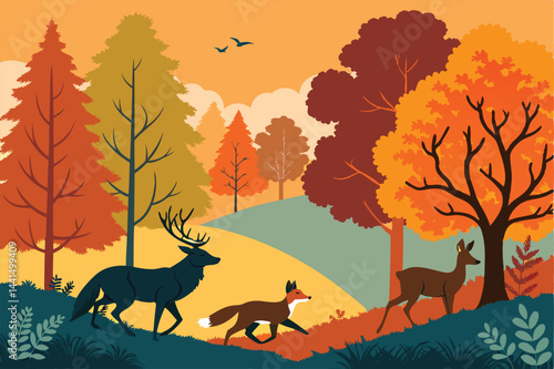 Create a stylized autumn landscape painting featuring a diverse range of forest animals in a whimsical, slightly surreal forest setting.  Focus on vibrant fall colors and playful animal interactions.