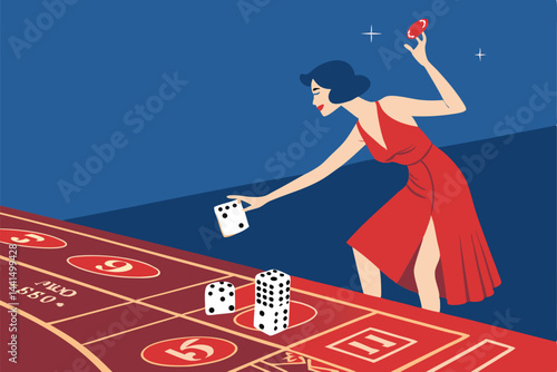 A stylish woman in a vibrant red dress dramatically throws dice at a craps table in a casino, showcasing elegance and excitement.
