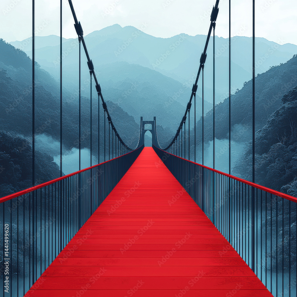 Obraz premium stunning red bridge spans misty valley, surrounded by mountains