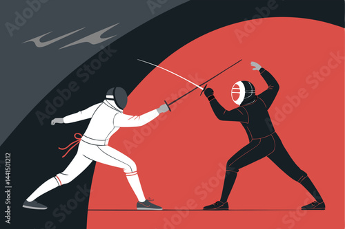 Create a stylized, bold black illustration of two fencers locked in a dynamic duel, emphasizing action and dramatic silhouettes.
