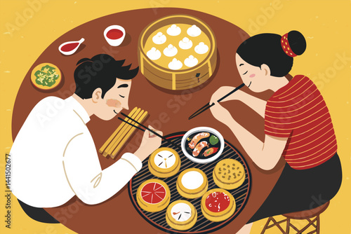 Overhead shot of a couple romantically sharing a plate of steaming dim sum, stylized illustration with vibrant colors and playful lines.