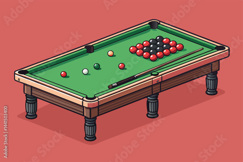Create a stylized illustration of a snooker game in progress on a vibrant green table.  Emphasize dynamic movement and bold colors.
