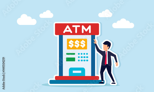 Businessman standing next to an ATM, illustration of maintaining financial stability through saving and investing for long-term growth and security