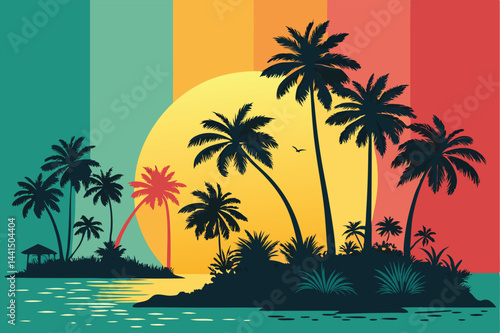 Create a vibrant, stylized illustration of a tropical summer island paradise featuring lush palm trees, turquoise water, and a white sandy beach.