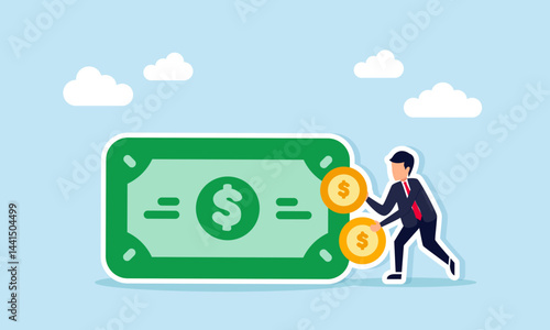 Businessman holding a dollar coin next to dollar bills, illustration of managing business finances and optimizing cash flow for growth and sustainability