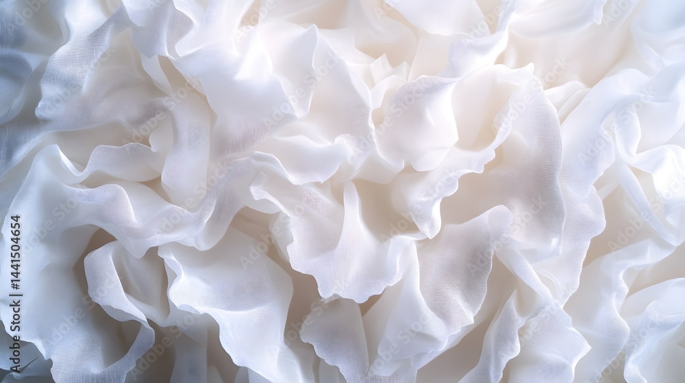 Fototapeta premium Soft White Fabric: A close-up view of delicate white fabric in folds, creating a dreamy texture with soft shadows, suggesting elegance and flowing movement.