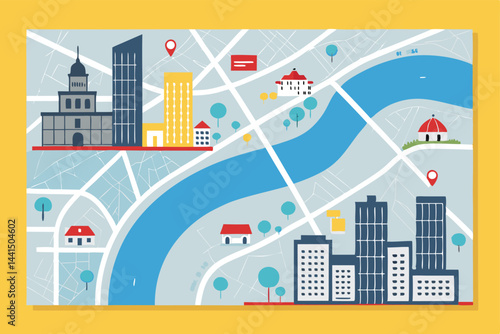 Create a stylized vector city map featuring simplified roads, buildings, and landmarks.  Emphasize a clean, modern aesthetic.
