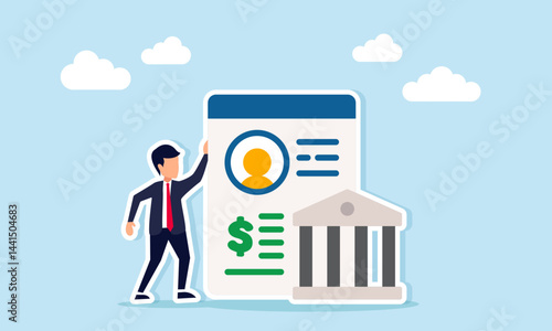 Businessman standing next to an application interface displaying a profile and dollar sign with a building, illustration of digital stock investment profile