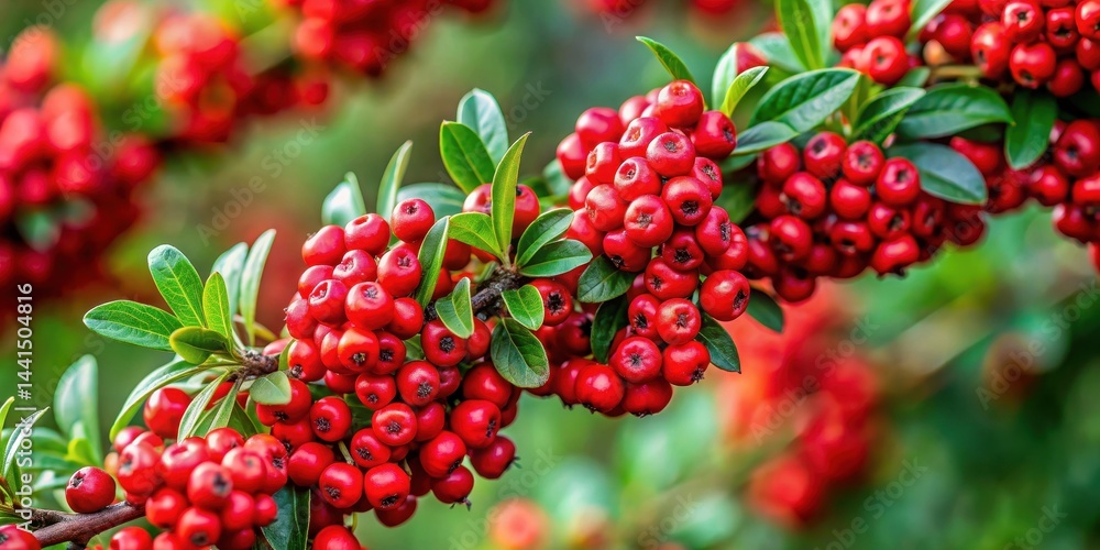 Vibrant red berries cluster on Cotoneaster branches surrounded by lush green leaves, set against a serene natural backdrop , bright red berries, forest Vibrant red berries cluster on Cotoneaster branches surrounded by lush green leaves, set against a serene natural backdrop , bright red berries, forest