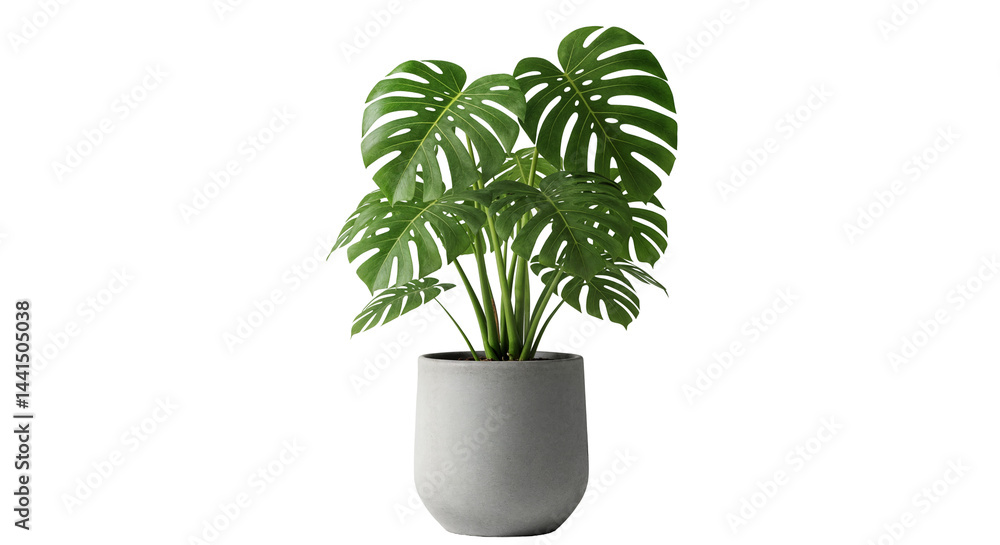 Monstera Deliciosa with Distinctive Split Leaves in Contemporary Gray Pot on Transparent Background Monstera Deliciosa with Distinctive Split Leaves in Contemporary Gray Pot on Transparent Background
