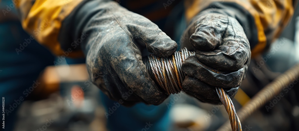 Worker's hands handling steel cable outdoor