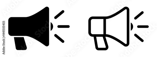 Set of vector megaphone icons in solid and outline styles. Useful for announcements, alerts, marketing, and communication graphics. Editable design for web or print use. Megaphone, icons.