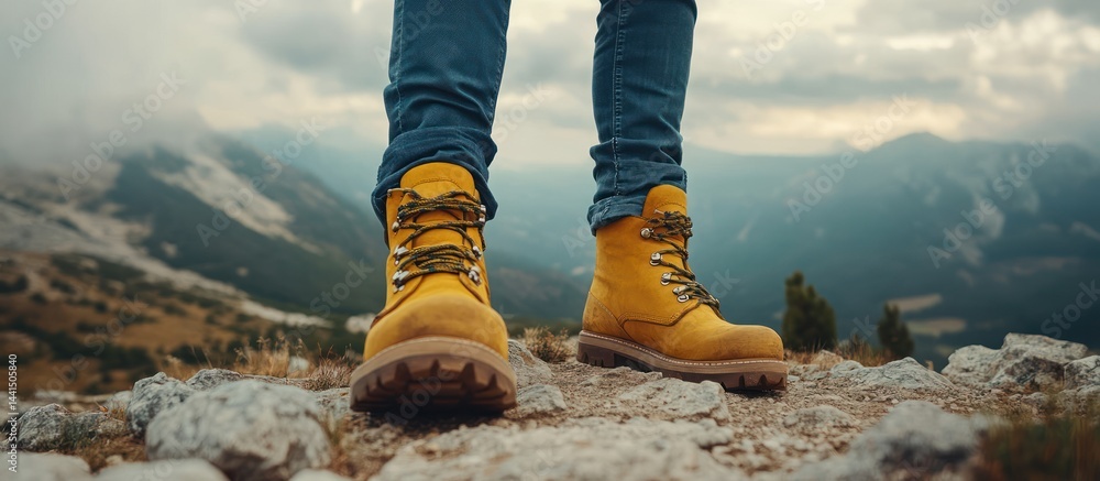 Yellow boots on mountain peak, scenic view