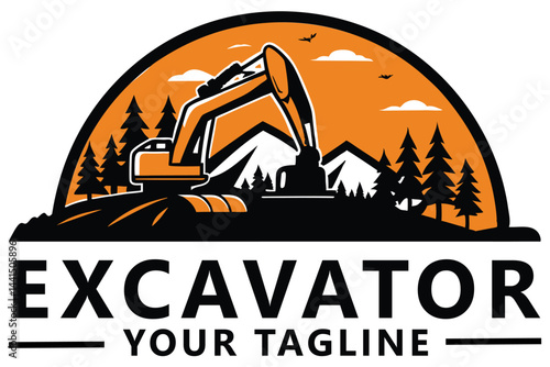 Excavator Logo Design – Construction Equipment with Mountain and Forest Background