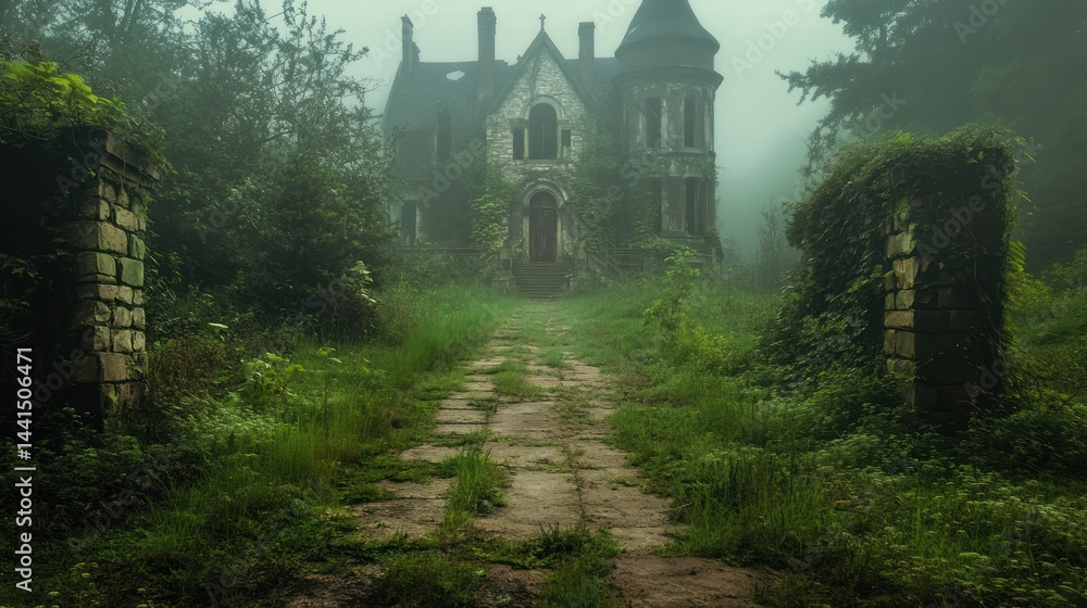 Obraz premium Enigmatic Abandoned Mansion in a Foggy Forest