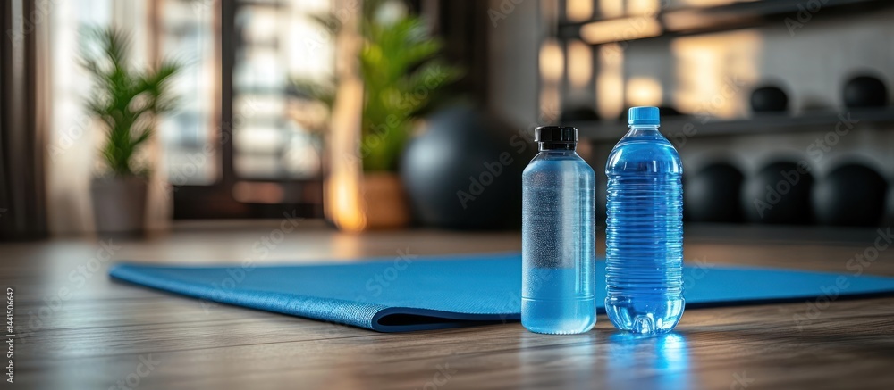 Yoga mat, water bottles, gym studio; healthy lifestyle