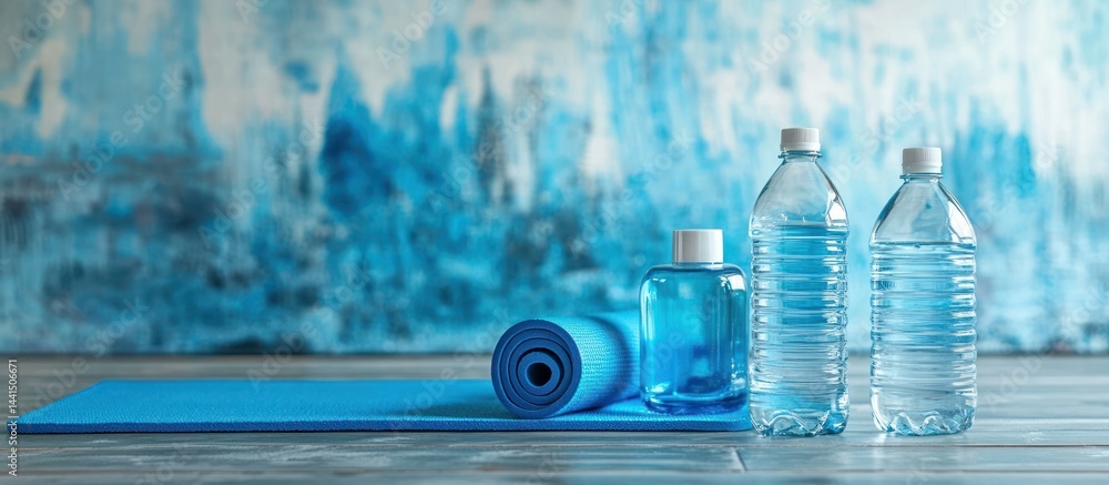 Yoga mat, water bottles, studio background. Healthy lifestyle