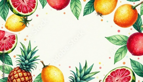 Vibrant watercolor tropical fruit pattern Seamless repeat design , bright, leaves