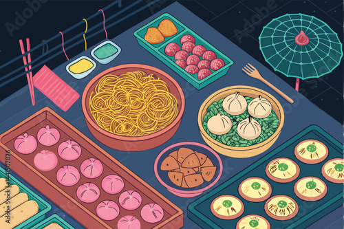 Create a stylized vector illustration of a bustling overhead view of a vibrant food market stall, showcasing diverse food items and colorful arrangements.