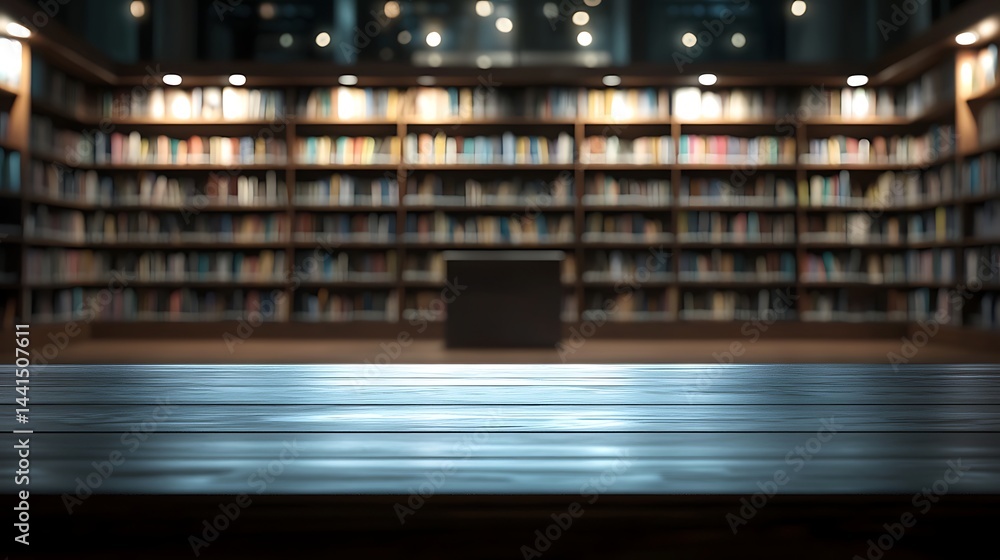 Cozy Library with Wooden Table and Warm Lighting Cozy Library with Wooden Table and Warm Lighting