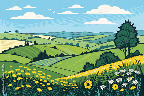 Vibrant summer landscape featuring idyllic rolling green hills under a clear, azure sky.  Sun-drenched fields stretch to the horizon.