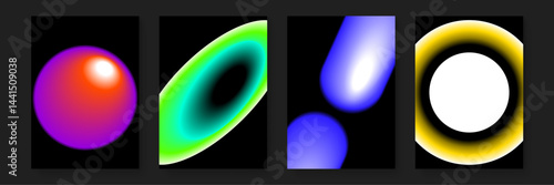 Four colorful gradient shapes on a black background, perfect for design projects needing vibrant and dynamic visual elements. Unique and eye catching graphics.