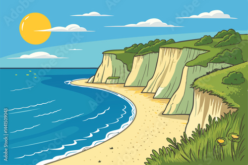 Dramatic summer seascape; imposing cliff face against a vibrant, bold blue ocean.  Sunlight illuminates the scene.
