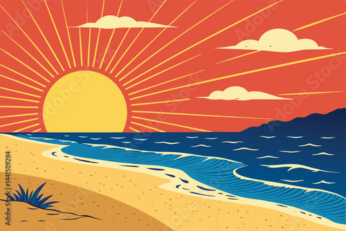 Vivid summer sunset over a tranquil beach, immense sun boldly dominating the horizon, golden hues reflecting on the sand.