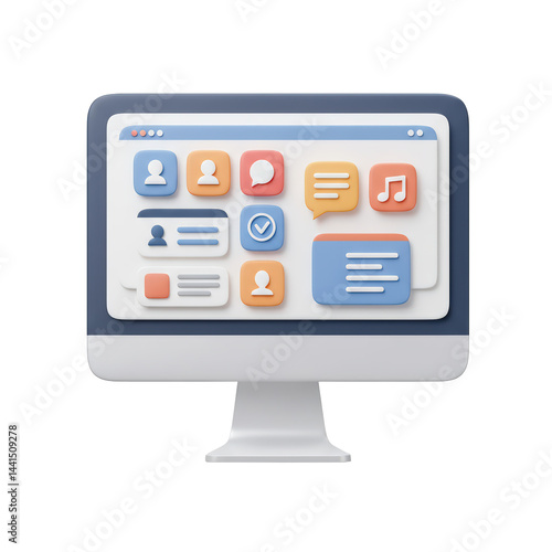 Modern User Interface Design: 3D Computer Screen Displaying Colorful App Icons and User-Friendly Features