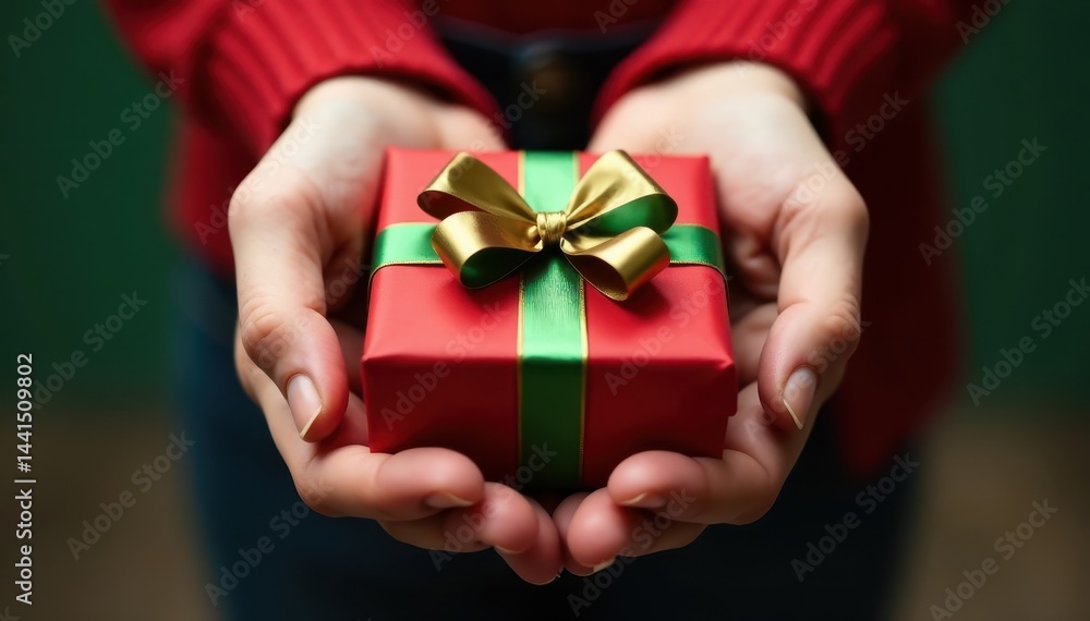 Two hands gently cradling a festive gift Red green wrapping, gold ribbon , celebration, christmas present Two hands gently cradling a festive gift Red green wrapping, gold ribbon , celebration, christmas present