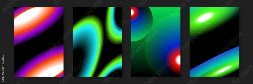 Naklejka premium Four colorful gradients on black, ideal for backgrounds, digital designs, branding, social media posts, and creative projects needing modern visuals.