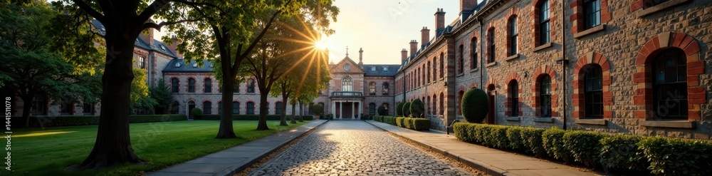 Fototapeta premium Historic Dublin campus cobblestone streets, Trinity College architecture , landmark, street