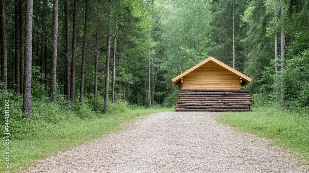 Wooden cabin nestled in a green forest. A pathway leads to a simple, light-colored wooden structure. Logs are stacked prominently, adding depth and texture Wooden cabin nestled in a green forest. A pathway leads to a simple, light-colored wooden structure. Logs are stacked prominently, adding depth and texture
