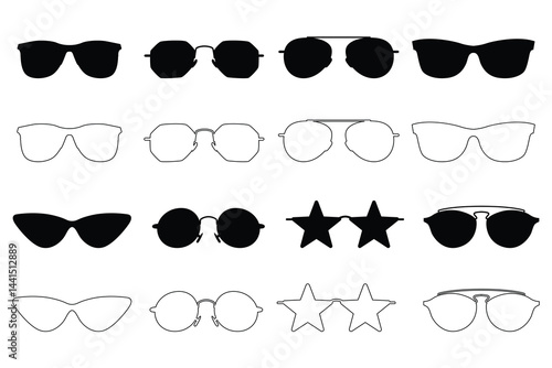 Collection of diverse sunglasses and eyeglasses in various shapes and styles, isolated on white background
