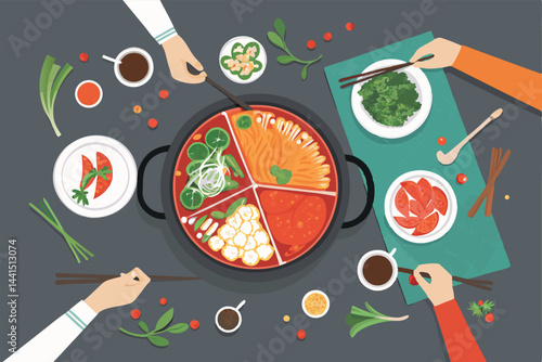 Overhead shot of a vibrant hotpot meal, showcasing rich colors and diverse ingredients, with a group of people gathered around.  Solid background.