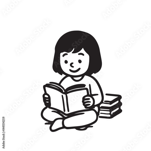 Hand Drawn Black and White Icon of Kids Reading Books