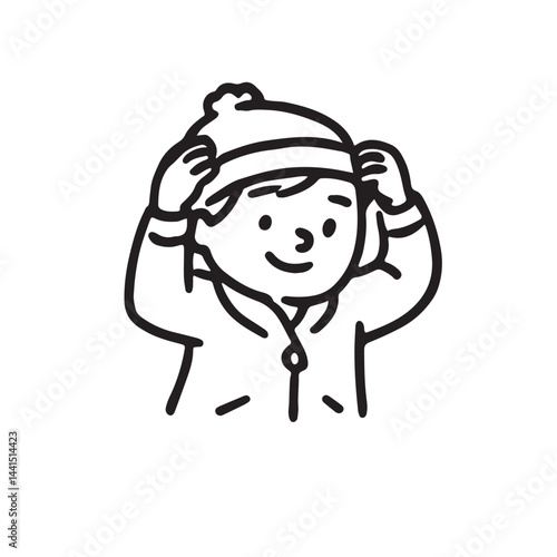 Hand Drawn Black and White Icon Set of Kids Getting Ready for School