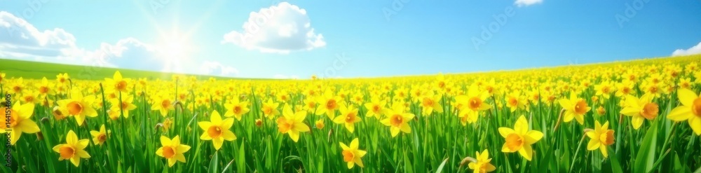 Golden daffodils carpet a sun-drenched green field, clear blue sky above, scenic, vibrant, sun Golden daffodils carpet a sun-drenched green field, clear blue sky above, scenic, vibrant, sun