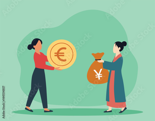 Illustration of a currency exchange between two women vector art
