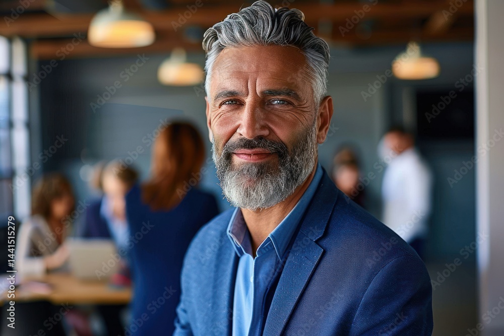 man with gray hair and beard wearing a blue suit jacket and light blue shirt in a modern office environment with people working and collaborating in the background