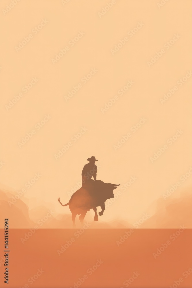 Fototapeta premium minimalist depiction of cowboy atop bull in rodeo arena