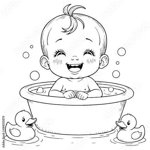 Giggling Baby Girl in Bubble Bath with Rubber Ducks Coloring Page