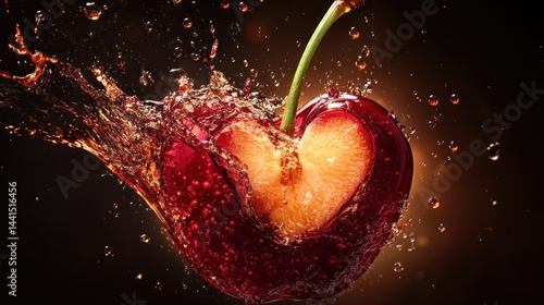 Fresh cherry exploding in juice splash.