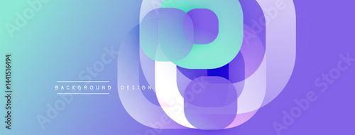 Abstract design features overlapping translucent circles. Gradient hues shift from purple to turquoise. Modern, minimalist aesthetic.