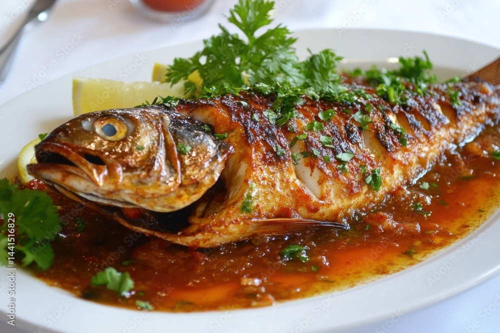 Steamed snapper with soy sauce in white dish on wood table. Steamed snapper with soy sauce in white dish on wood table.